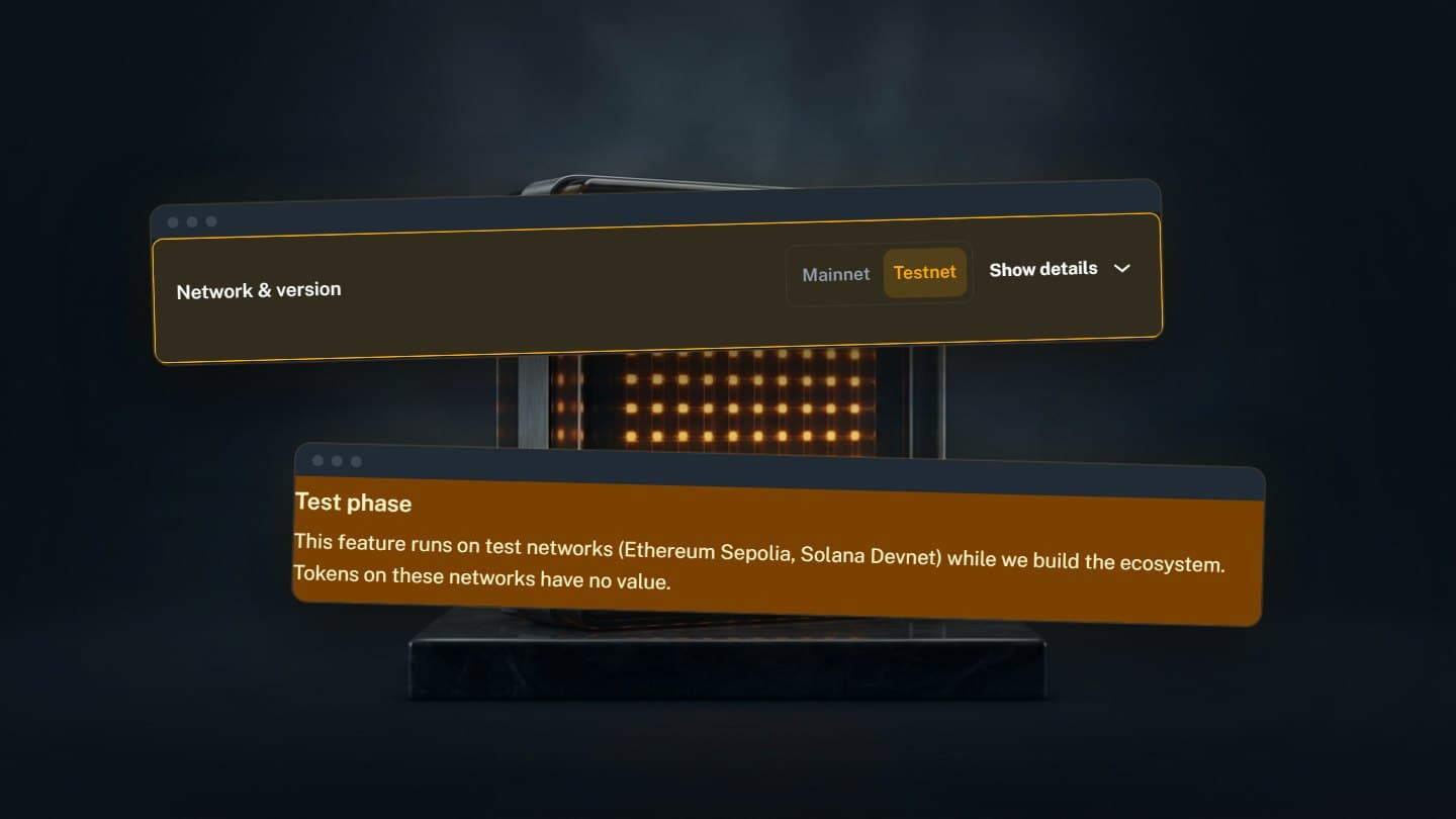 The network switch set to Testnet and the notice that test tokens have no value.