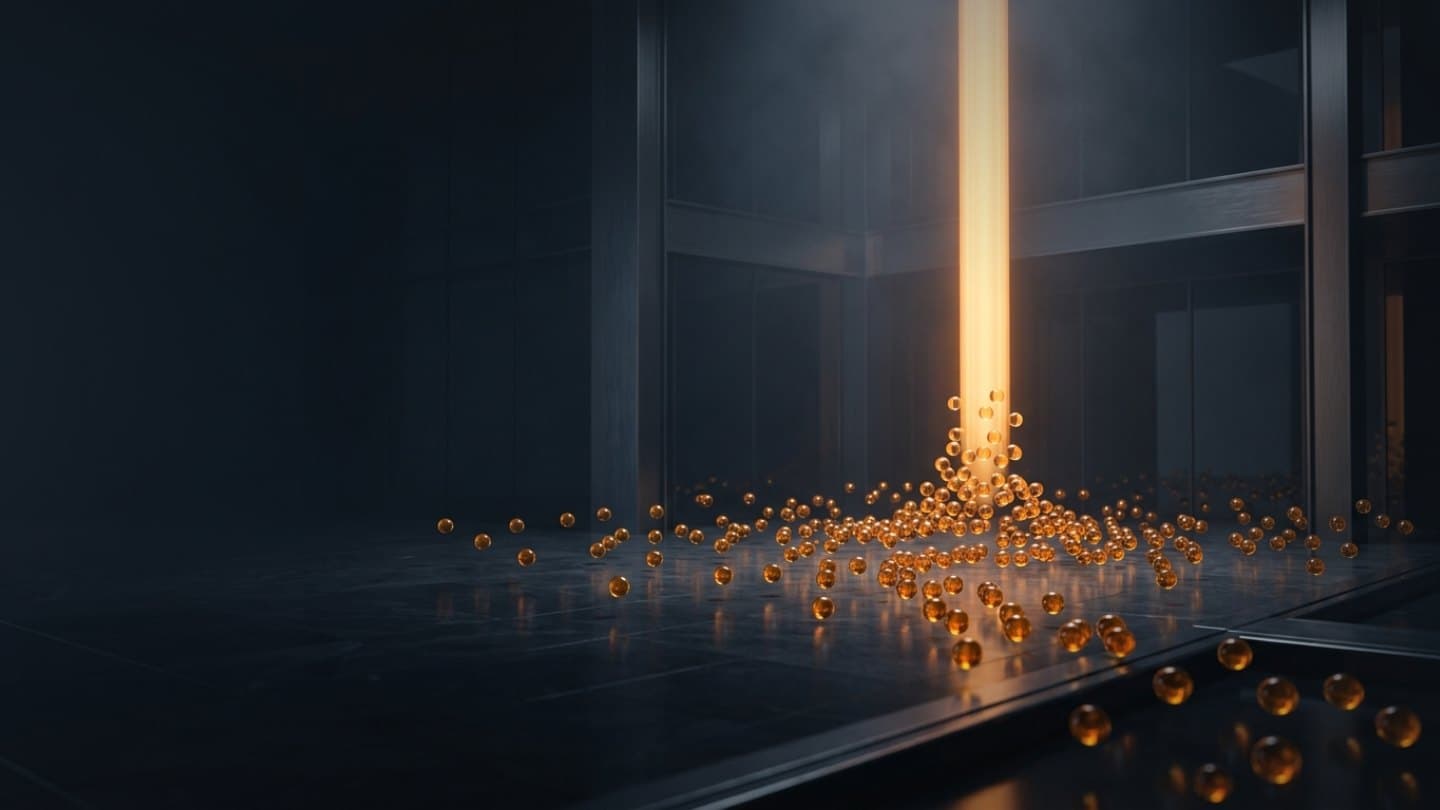 A stream of amber drops falling onto a dark floor.