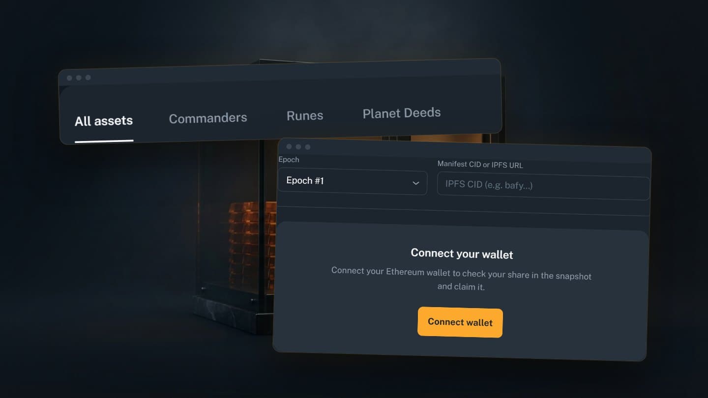 The marketplace filter bar and the claim portal with its epoch selection.