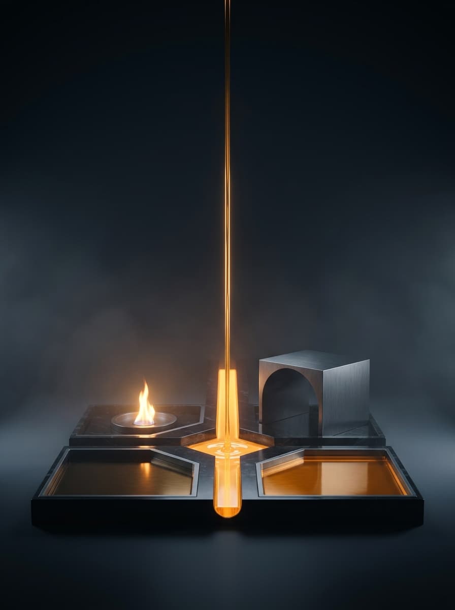 A stream of amber light falls into a channel of dark stone and splits into four basins: a flame, a small vault and two pools of light.