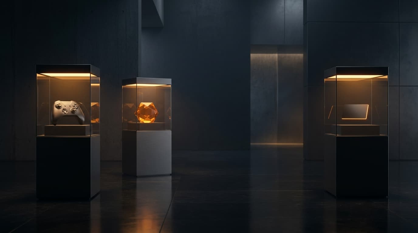A dark gallery with three glass display cases lit amber from inside: a game controller, an amber gem and a slim card.