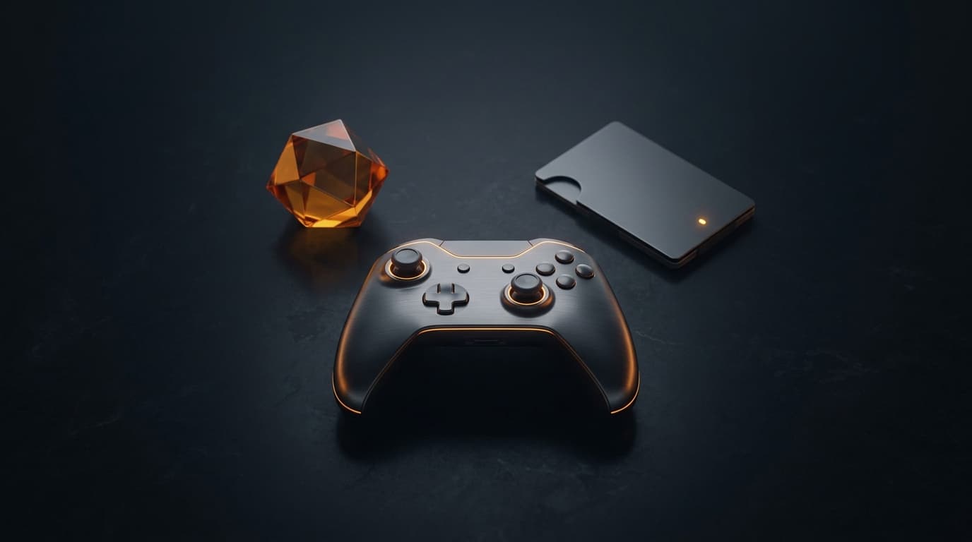 A game controller, a faceted amber gem and a slim hardware wallet on a dark stone surface.