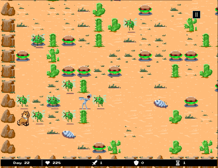 Shiba Classic Rush 2D in play: a Shiba Inu on a desert map full of cacti and rocks, enemies closing in, the status bar below shows day 22.