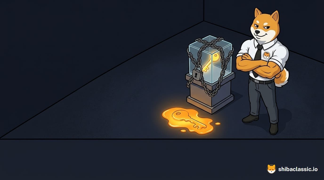 Bande dessinée : l'homme Shiba, bras croisés, se tient à côté d'un coffre enchaîné. Une clé fondue luit sur le sol.