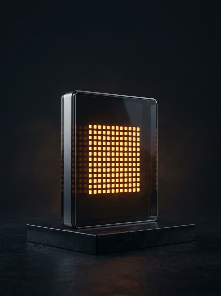 A sealed block of dark glass on a stone plinth, holding a fixed, complete lattice of small amber lights.