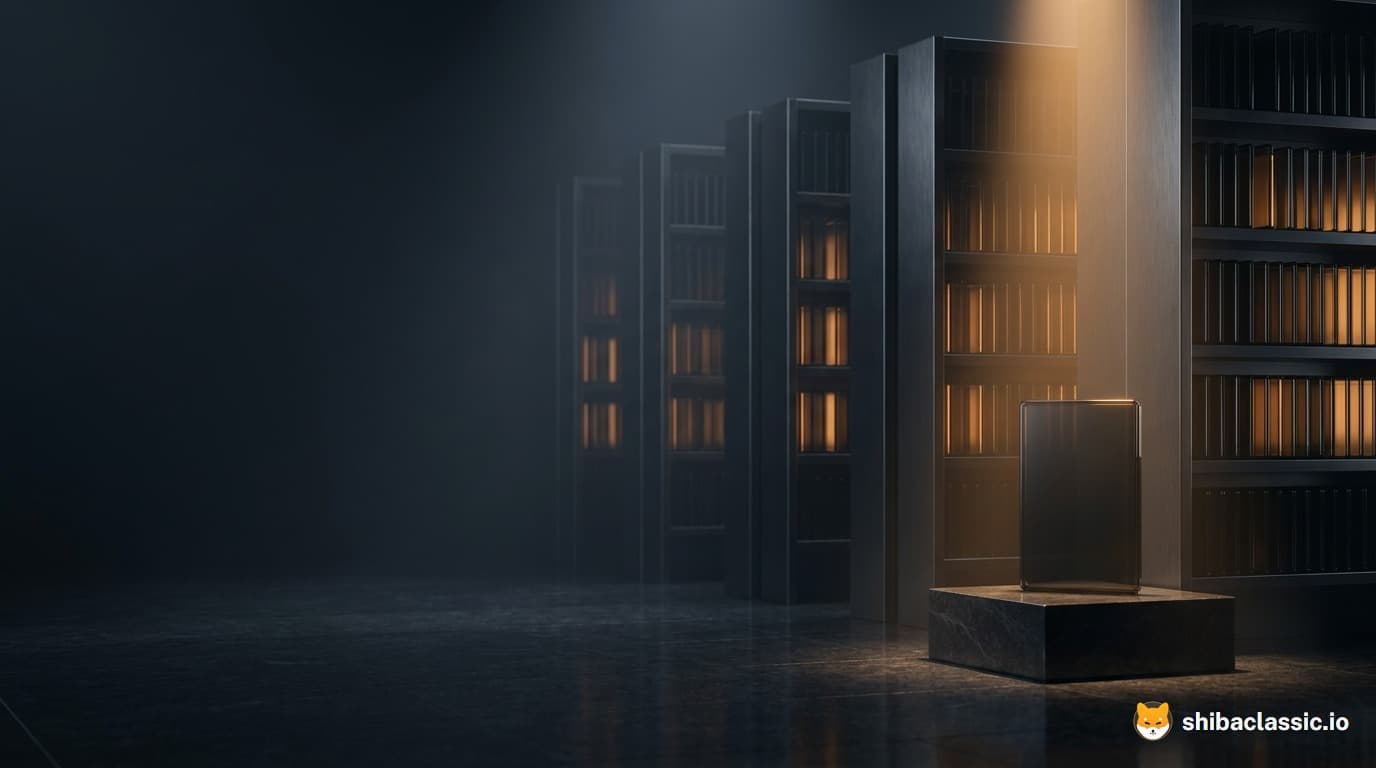Des archives de pierre sombre, aux étagères garnies de tablettes qui luisent doucement. Une tablette est posée sur un socle, dans un faisceau de lumière.