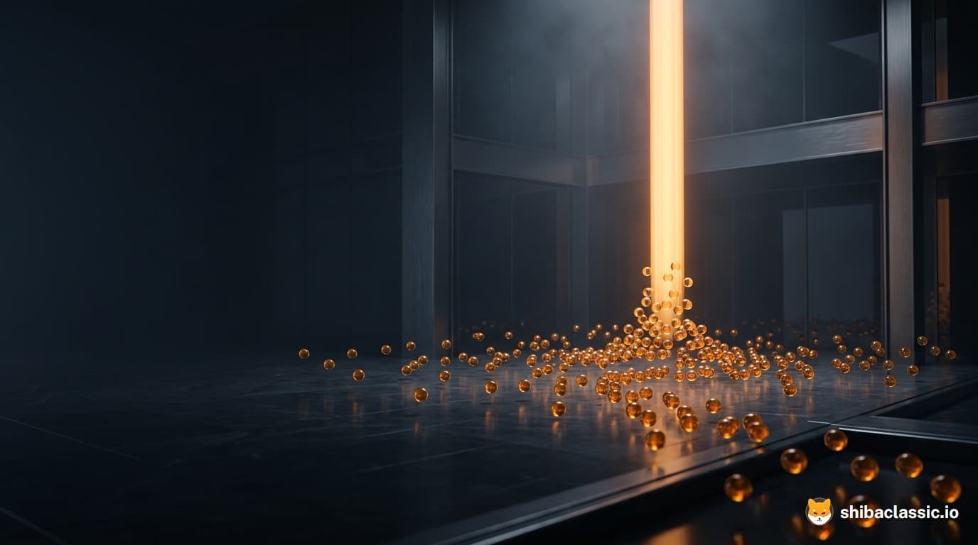 Des centaines de petites sphères ambrées se rassemblent sur une place sombre et s'élèvent ensemble en une colonne de lumière.