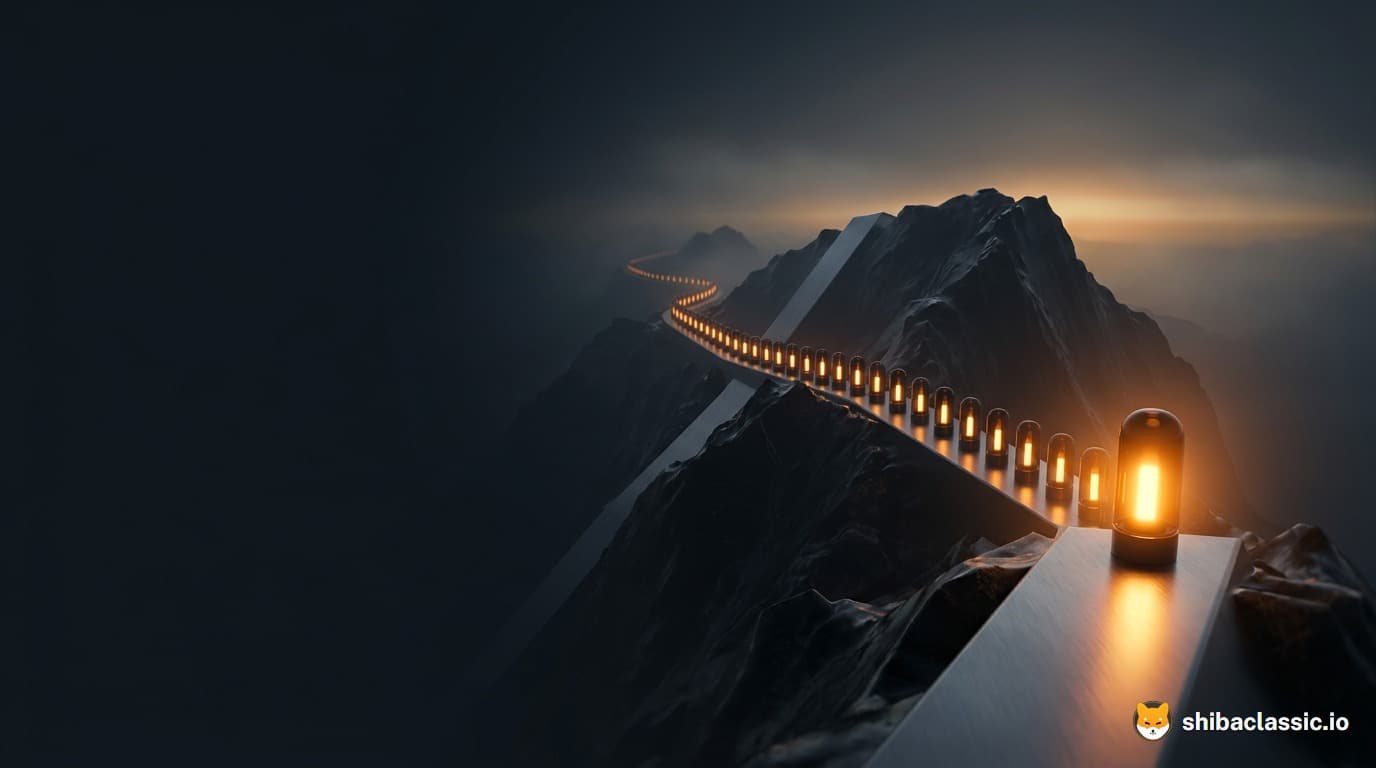 Une chaîne de petites lumières ambrées court le long d'une crête sombre, à l'aube.