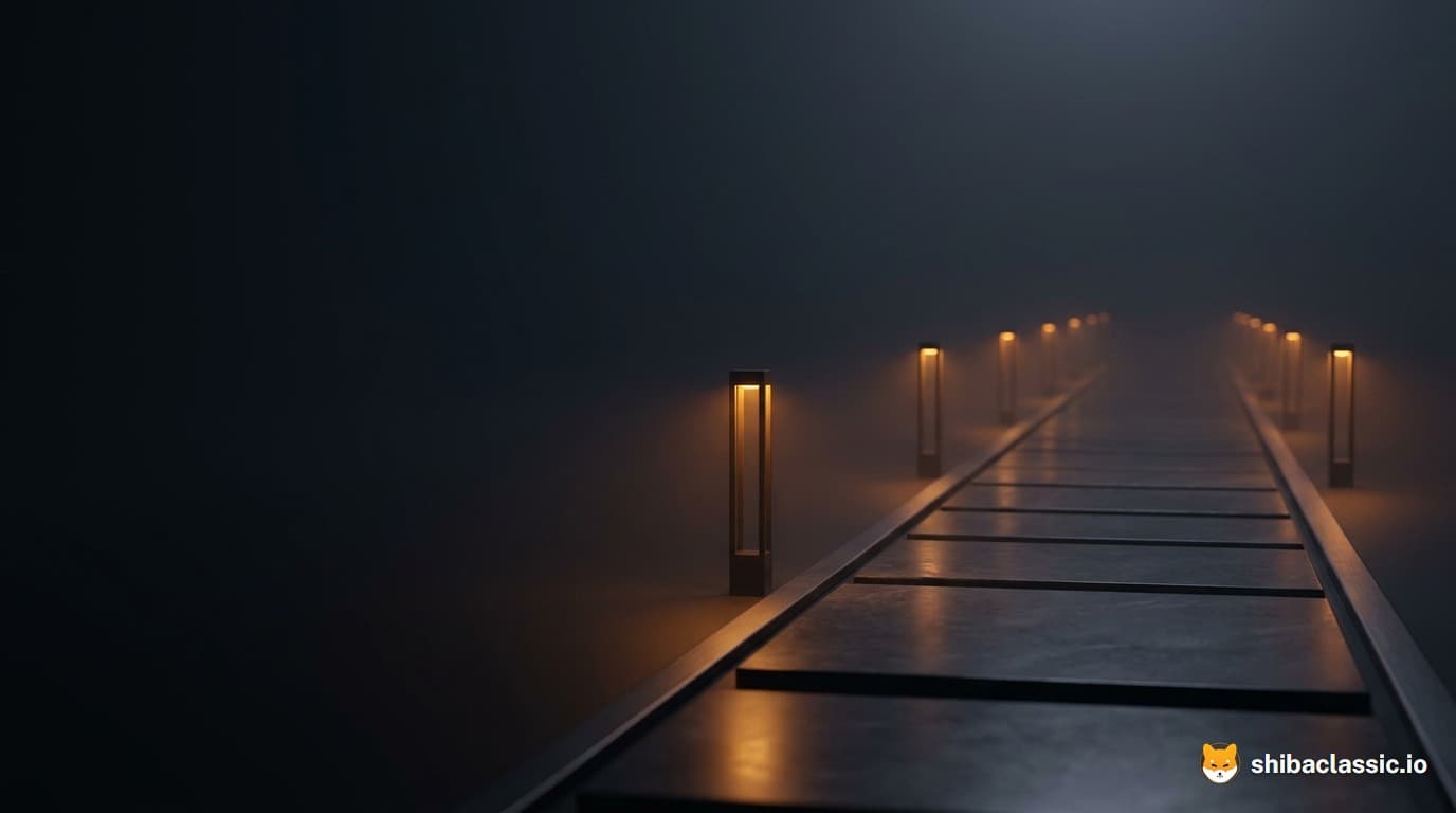 Un chemin rectiligne de dalles de pierre sombre, bordé de petites lumières ambrées, qui s'enfonce dans la brume.
