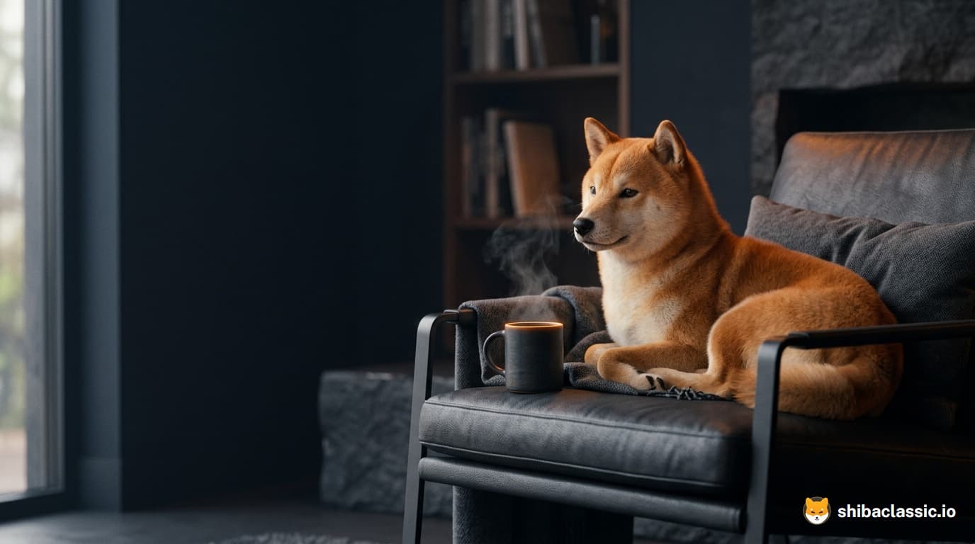 Un Shiba Inu se repose dans un fauteuil de cuir sombre près de la fenêtre, une tasse fumante à côté de lui.