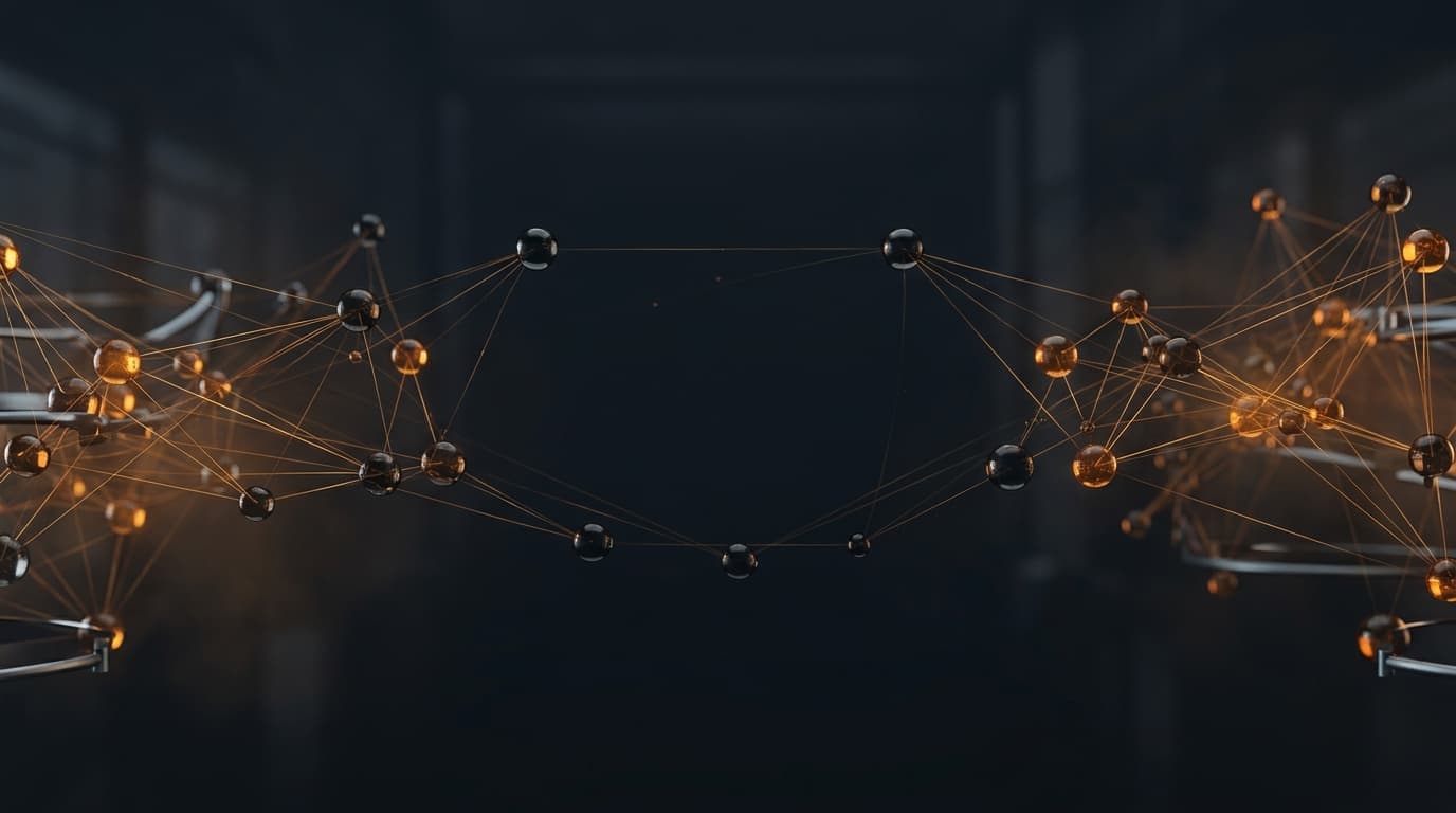 A wide network of glowing amber nodes linked by fine lines, spread across a dark band.