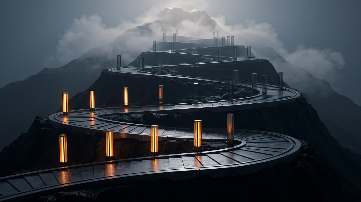 A stone path winding up a dark mountain. Lit beacons mark the milestones already reached, unlit ones lead up into the clouds.