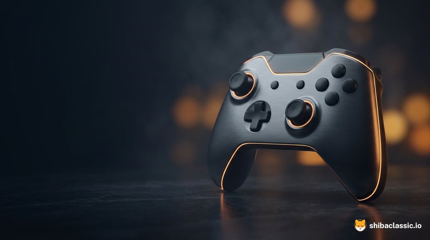 Une manette de jeu sombre aux arêtes ambrées, posée sur une surface de studio, avec des lumières chaudes floues en arrière-plan.