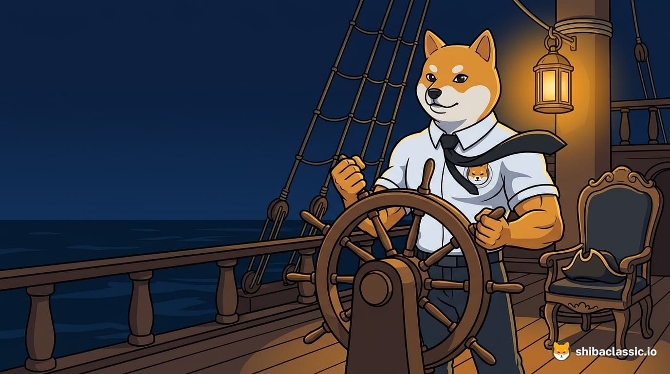Bande dessinée : l'homme Shiba en chemise blanche tient la barre d'un navire, de nuit, une lanterne derrière lui.