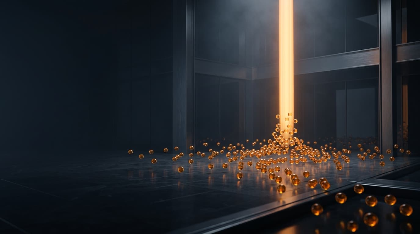 Hundreds of small amber glass spheres on a dark stone floor, flowing into a calm column of light.