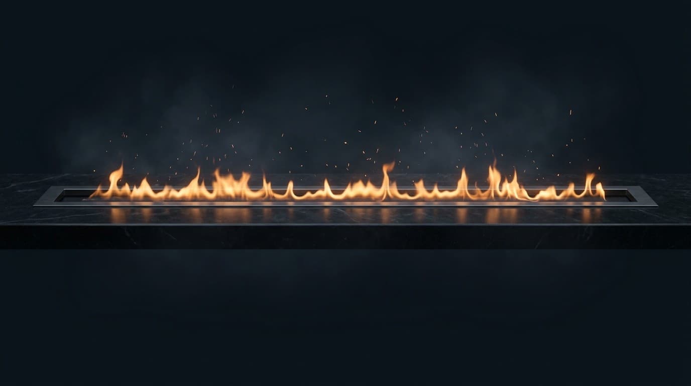 A long trench of dark stone filled with a calm amber fire, sparks rising into the dark.