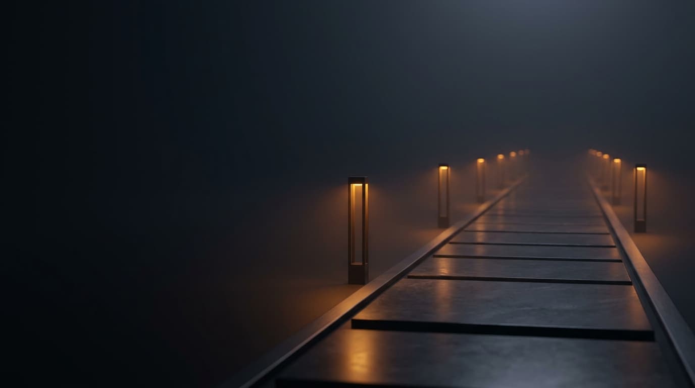 A straight stone path lined with low amber light posts, disappearing into haze.