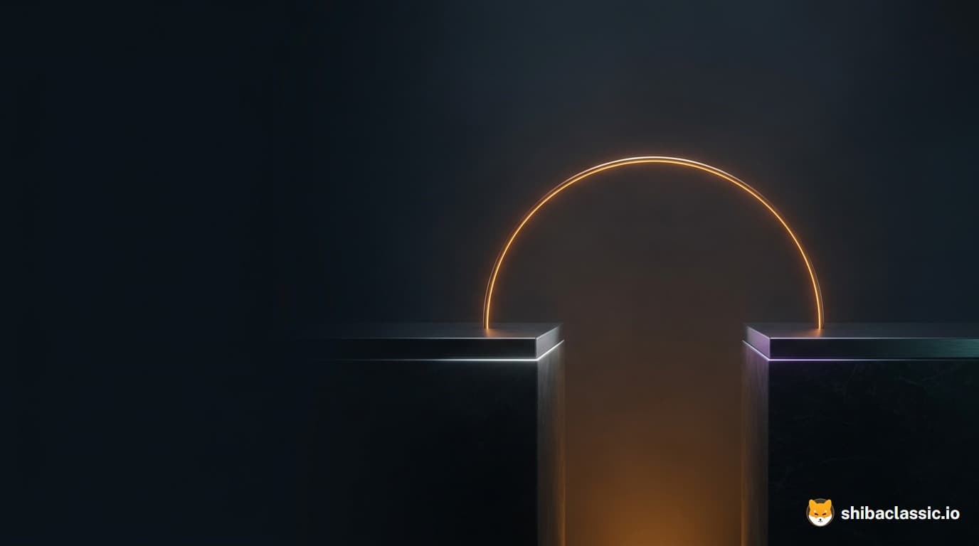 Deux plateformes de pierre sombre reliées par un unique arc de lumière ambrée.