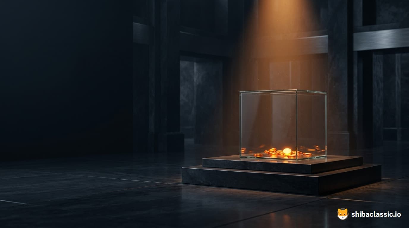 Une urne de verre sur un socle de pierre, sous un faisceau ambré, avec quelques tokens lumineux à l'intérieur.