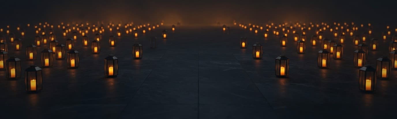 Hundreds of small amber lanterns on a dark stone plaza at night.
