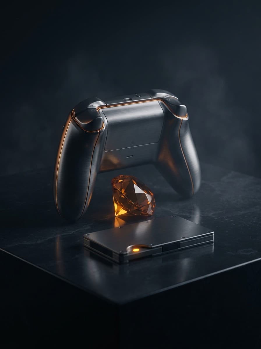 A game controller, a faceted amber gem and a slim hardware wallet on a dark stone surface.